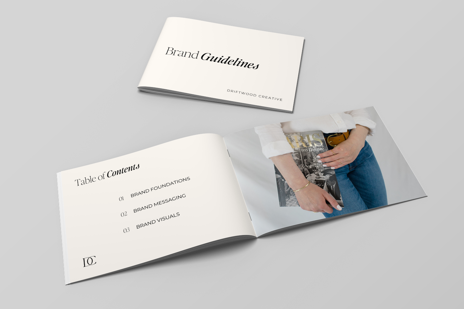 Mockup of brand guidelines showing table of contents and what to include in brand guidelines.