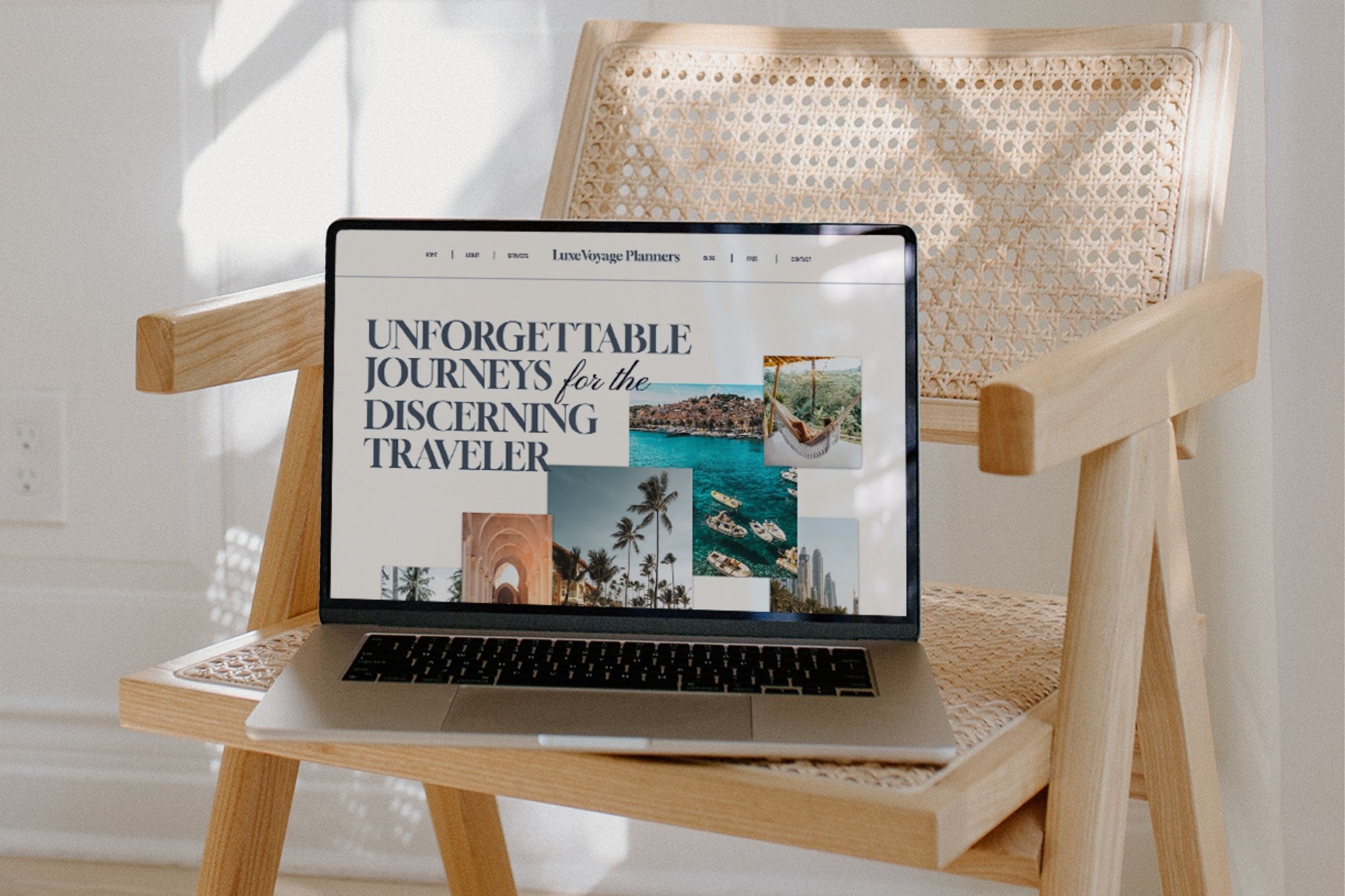 Mockup of travel agency website; laptop open and sitting on top of rattan chair